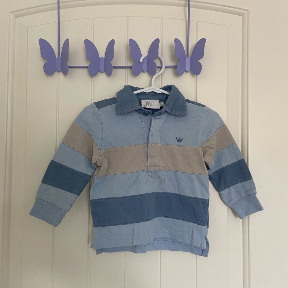 EUC | EPK baby boy’s striped long sleeve‎ button neck collared logo shirt 6 mo